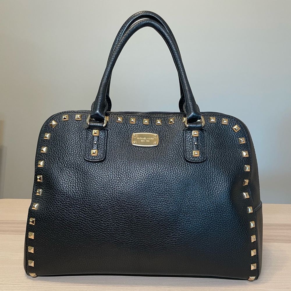 Michael Kors Studded Dome Satchel Black Leather Bag